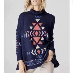 J Jill Navy Aztec Southwestern Navajo Oversized Poncho Sweater Cowl Neck Sz L